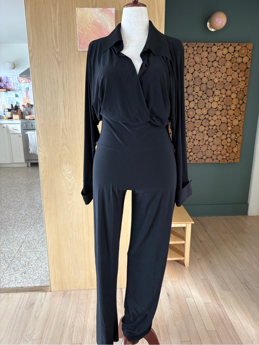 Norma Kamali Black Long-Sleeve Wrap Jumpsuit with Wide Legs
